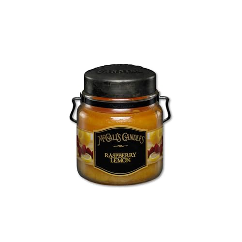 Image of McCall's Candles | Raspberry Lemon | 16 oz Two-Wick Scented Candle | USA-Poured | Vintage Rustic Jar with Carrying Handle | Tangy Citrus & Berry Fragrance