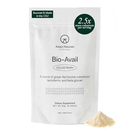 Adapt Naturals Colostrum Supplement with Lactoferrin & Beta-Glucan, Bio-Avail Grass Fed Bovine Colostrum Powder for Gut Health, Immune Support & Vitality | Non-GMO, 2500mg, Unflavored - 30 Days Supply