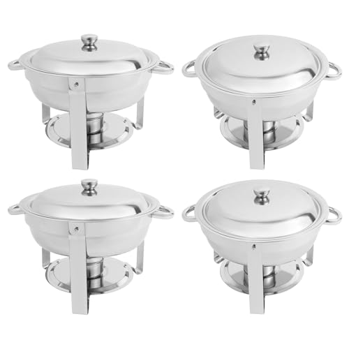 Tagtuell Set di 4 piatti rotondi Chafing Dish, scaldavivande professionali con coperchio, in acciaio inox da 4,5 l, per ristoranti, buffet (argento)