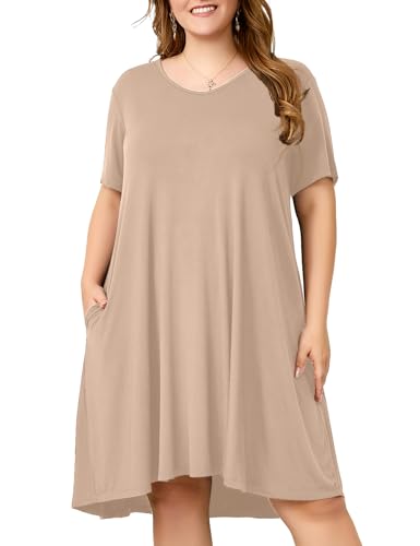 Image of OVERWORETY Womens Short Sleeve Plus Size T-Shirt Dress V Neck Casual Loose Swing A-Line Summer Tunic Dresses with Pockets