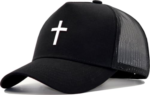 Image of Christian Jesus Cross Faith Hat, Religious Gifts forThanksgiving Christmas | 5 Panel Structured Mesh Back Trucker Baseball Cap, Adjustable Snapback Streetwear Dad Ball Hats for Men Women