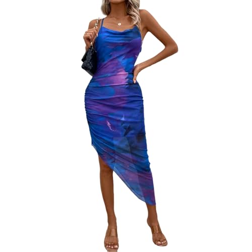 Image of LIGHT DOT Women's Spaghetti Strap Printed Bodycon Ruched Midi Cocktail Dress Sexy Cowl Neck Tie Dye