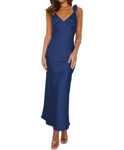 Image of Phicia Summer Satin Spaghetti Strap V Neck Midi Dresses for Women Wedding Guest Elegant Flower Backless Cocktail Formal Dress