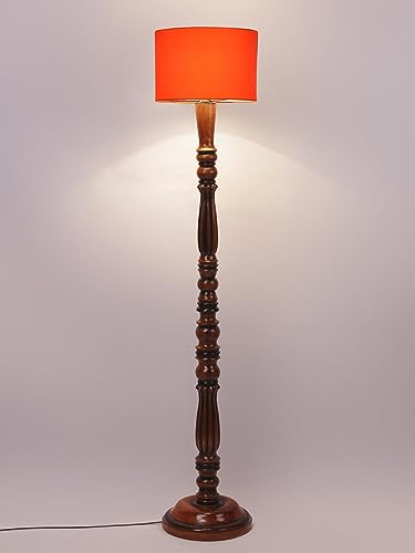 Image of Cotton Shade Floor Lamp with Wooden Base - Height 56 Inches, Orange | Modern Standing Lamp for Living Room, Bedroom, Office | Stylish & Decorative Home Lighting | Elegant Decor