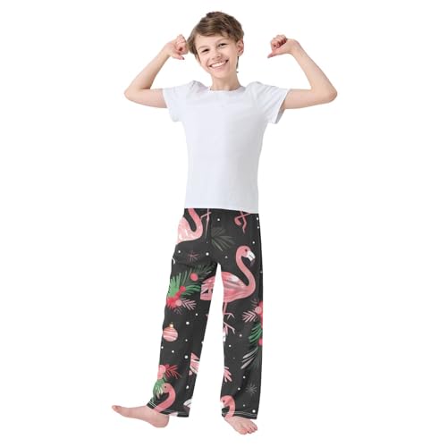 Flamingo Pine Branch Flowers Boys Long Pants Soft Trousers Elastic Waist Kids Lounge Bottoms with Pockets S-XL2