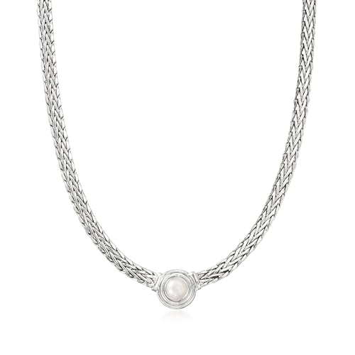 Ross-Simons 8mm Cultured Pearl Flat Wheat-Chain Necklace in Sterling Silver