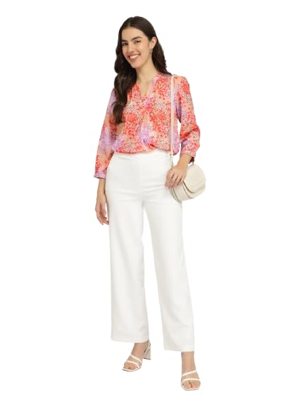 Image of FableStreet Women Formal & Casual Top | V-Neckline with Gathered Back Detail & Three-Quarter Sleeves | Premium Satin Fabric for Office Wear & Sophisticated Outings