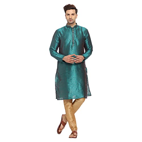 ITOS365 Men's Tunic Art Silk Kurta Pajama Pyjama Set Indian Clothing Casual Party Dress Gifts Items Dark Green Medium