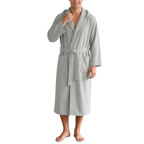 Albornoz para hombre, verano, otoño, pijama, manga larga, abrigo con capucha, suave y cómodo, chaqueta con capucha, con cinturón, monocolor, ropa de salón, respetuosa con la piel