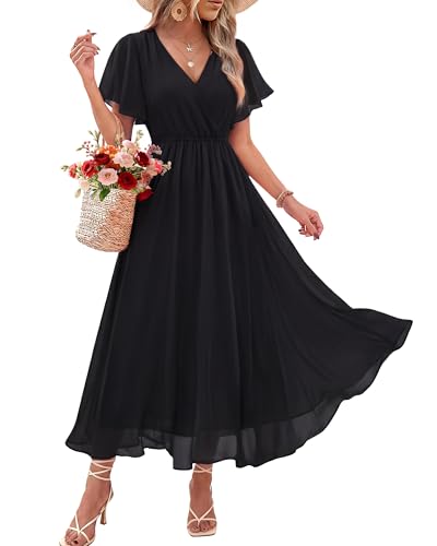 Bebonnie Black Dresses for Women Funeral: Womens Sexy Summer Wrap Neck Business Casual Work Teacher Country Concert Church Dress Flowy A Line Classy Cocktail Formal Wedding Guest Maxi Dresses Black M