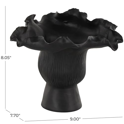 Image of Deco 79 Ceramic Abstract Decorative Vase Floral Inspired Centerpiece Vase with Linear Grooves, Flower Vase for Home Decoration 9 inch x 8 inch x 8 inch, Black