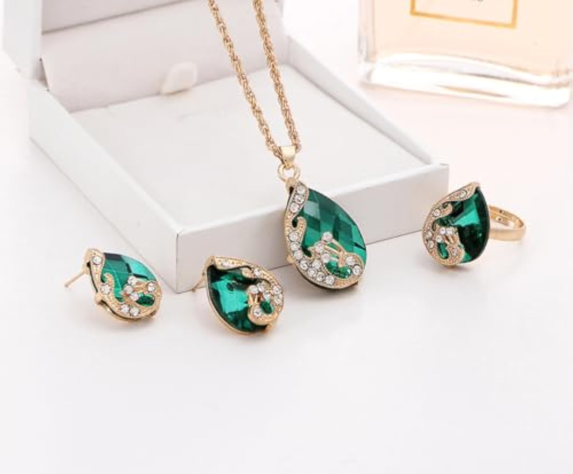 Elegant Crystal Ring Earrings Necklace Set