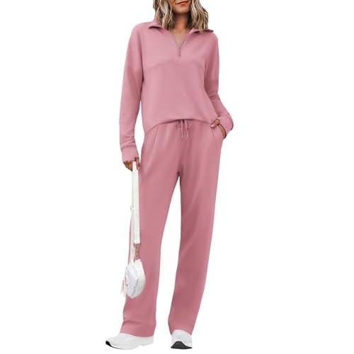 Totatuit Womens Sweatsuits 2 piece Set Lapel Half Zip Lightweight Sweatshirts and Wide Leg Pants Tracksuit Lounge Sets Large Pink