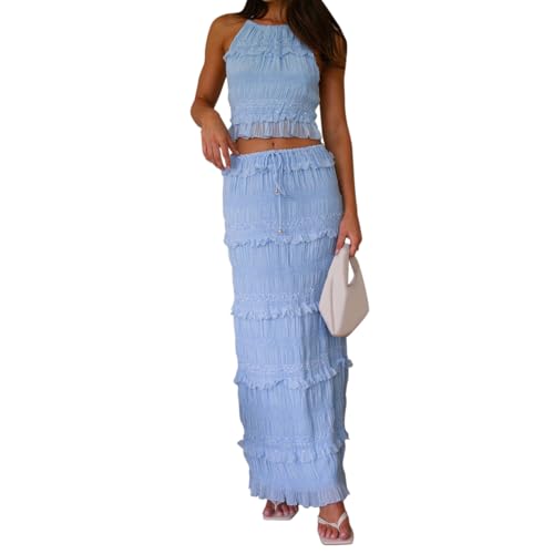 Women 2 Pics Maxi Skirt Sets Shirred Tie-up Halter Sleeveless Open Black Tank Tops Drawstring Long Skirt Outfit