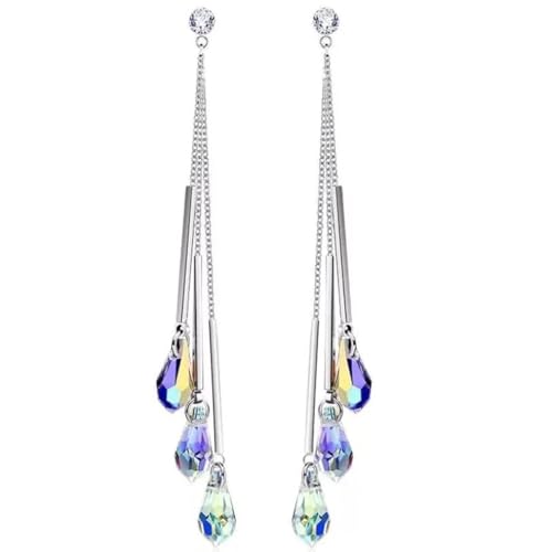 Savlano 14k White Gold Plated Aurora Borealis Drop Tear Cut Austrian Rainbow Multicolor Crystal Tear Drop Cut Stud Dangle Earrings For Women
