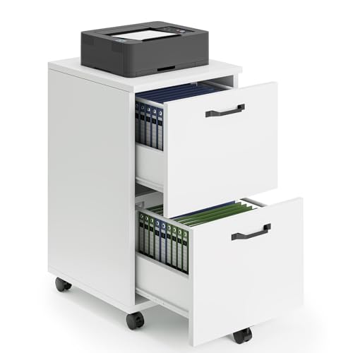 Sweetcrispy 2 Drawer Filing Cabinet White, Rolling Wood File Cabinets with Printer Stand Under Desk Storage Lockable Wheels, Home Office Organizer by Sweetcrispy - Used condition - US$43.72