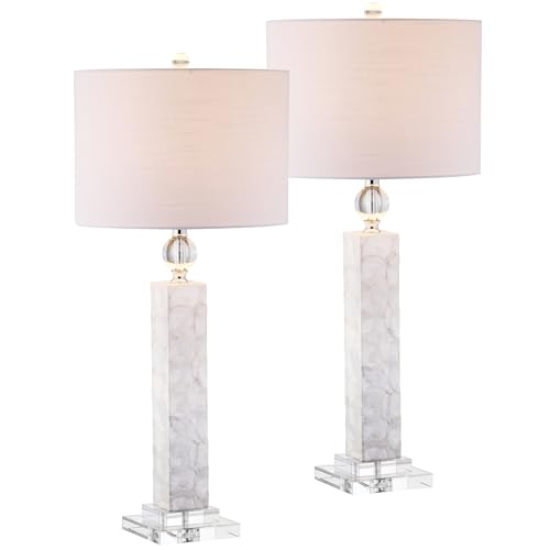 JONATHAN Y 32" White Mother of Pearl and Crystal Table Lamp Set of 2 for Bedroom, Coastal Mosaic Seashell Column Lamps for Living Room, Linen Drum Shade, LED Bulbs Included JYL4006A-SET2