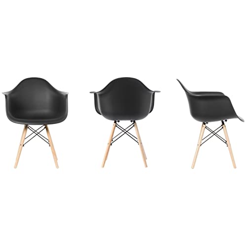 Fabulaxe Mid-Century Modern Style Plastic Daw Shell Dining Arm Chair With Wooden Dowel Eiffel Legs, Set Of 4 Black #TOP4