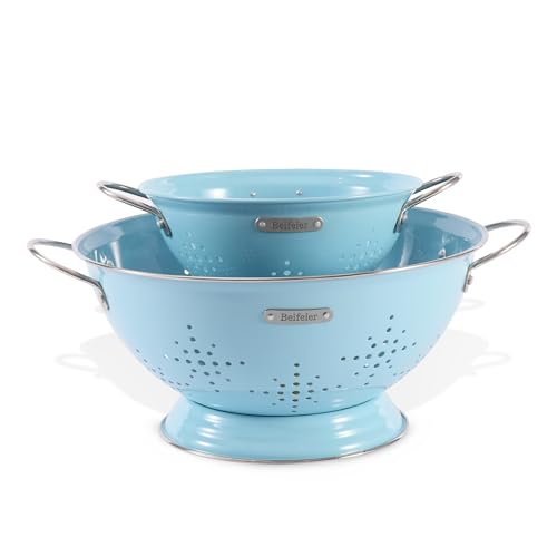 Metal Colander 2 Pack, Strainer Bowel with Handles 2Qt & 6Qt Powder Coated Solid Ring Base Heavey Duty Kitchen Drainer Basket for Pasta Veggies and Fruits,New Home Apartment Essentials (ArcticBlue) by BeFare - Used condition - US$32.19