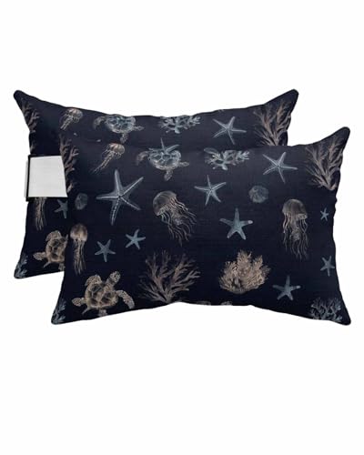 Outdoor Pillows Covers with Inserts Ocean Turtle Starfish Jellyfish Coral Navy Blue Waterproof Pillow with Adjustable Strap Throw Pillows for Patio Furniture Pool Lounge Chair, 11x16 Inch, 2PCS