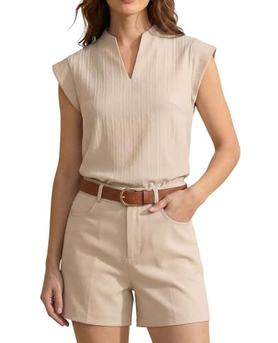 7th Element Business Casual Tops for Women, Dressy Casual Blouse, V Neck Cap Sleeve, 2026 Summer Capsule Wardrobe,Beige, Medium