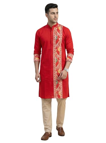 Image of Men's Jamdani Printed Kurta Pajama Set | Pure Cotton Ethnic Kurta with Mandarin Collar & Dupion Silk Pyjama | Festive & Weddings 303A12A 303SB12B(M XXL)