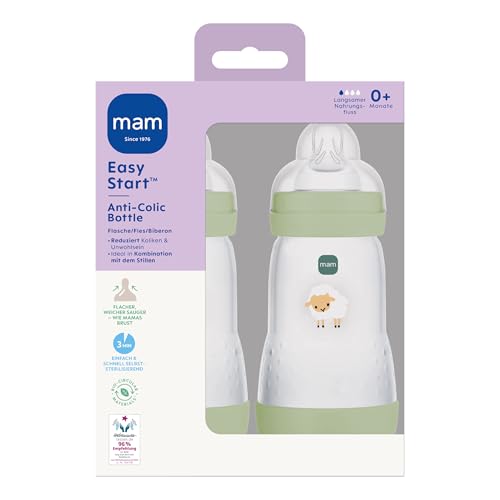 MAM Easy Start Anti-Colic Babyflasche | 0+ Monate | Testsieger | Milchflasche für Neugeborene | Weniger Koliken | stillfreundliche Baby Trinkflasche | Sauger Gr. 1 | 260ml | Schaf | 2 Stück 3