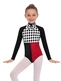 Nyeemya Maillot Gimnasia Ritmica Brillantes Body de Niña Leotardos Danza con Lazo y Estampado de Cuadro Disfraz de Bailarina de Circo Carnaval Negro Rojo 9-10 años