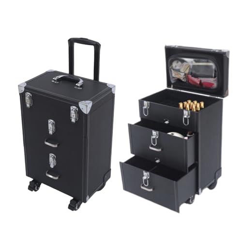 Maletín de maquillaje con ruedas, 3 capas, con ruedas giratorias 360°, maletín de uñas con cerradura para viajes, peluquerías, maquilladores, técnicos de uñas, color negro, Negro , Modernos
