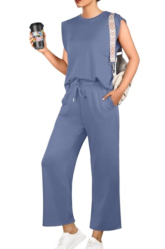 GRECERELLE Tuta estiva da donna, in due pezzi, elegante, leggera, casual, sportiva, da jogging, per corsa, yoga, palestra, denim blu, M