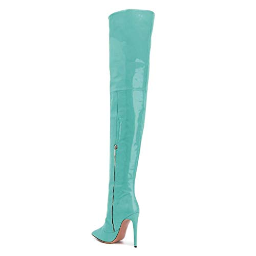 Fsj Women Fashion Pointed Toe Stiletto Heel Thigh High Over The Knee Boots Pull On Side Zipper Patent Leather Winter Shoes Size 7 Turquoise #TOP2