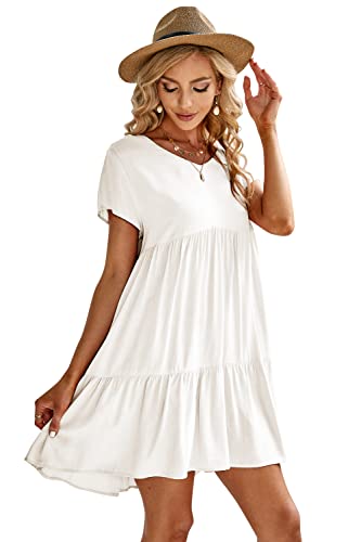 Image of Fangetey Women's V-Neck Tunic Dresses Short Sleeve Button Down Loose Casual Summer Short Flowy Swing Dress 0-White Large