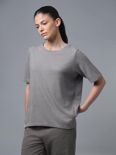 Image of TECHNOSPORT Women Relaxed Fit Cubic Melange Round Neck T-Shirt | Quick Dry Polyester Casual Tee with UPF 50+ UV Protection, Anti-Microbial & Double Cool Technology