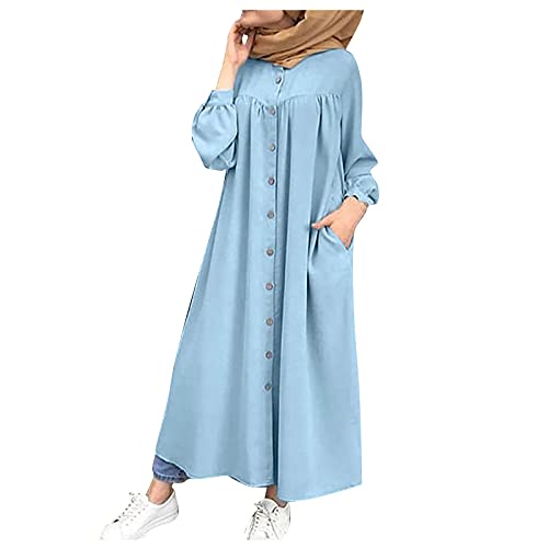 Ni_ka Robe Vintage Grande Taille Ample Chic Jupe Longue BoutonnéE De Couleur Unie Robes Chemise à Manches Longues avec Poche Taille S à 5XL