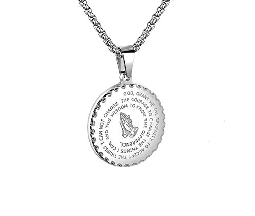 BEAUTY CHARM Bible Verse Prayer Necklace with Free Chain Christian Jewelry Silver Stainless Steel Praying Hands Coin Medal Pendant for Men Women
