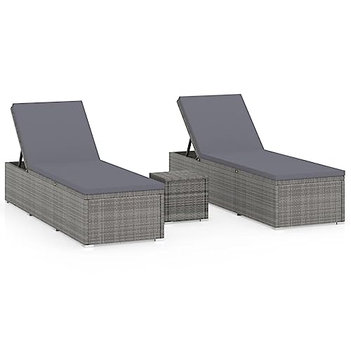 vidaXL Tumbonas de Jardín y Mesita 3 Piezas Hamacas Chaise Lounge Sillón Reclinable Cama Salón Mesa de Té Muebles Exterior Ratán Sintético Gris