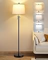 JUNNAI Black Floor Lamps for Living Room Adjustable Height Standing Lamp Modern Tall Pole Lamps for Bedroom Office with White Linen Shade 3 Color Temperature 9W LED Bulb Included