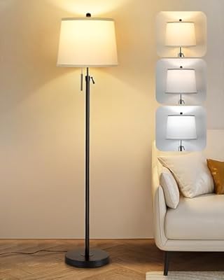 JUNNAI Black Floor Lamps for Living Room Adjustable Height Standing Lamp Modern Tall Pole Lamps for Bedroom Office with White Linen Shade 3 Color Temperature 9W LED Bulb Included