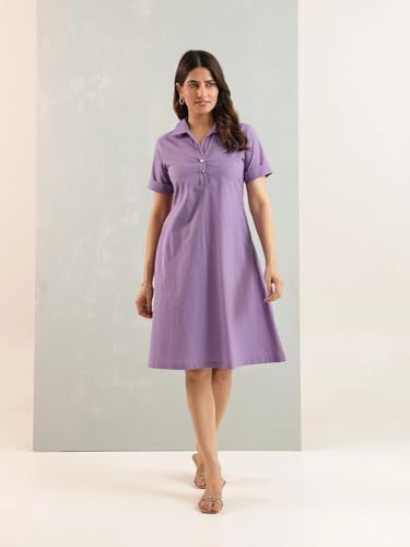 Image of Amazon Brand - INKAST Women Wide Collared Solid A -line Bottuned Mini Dress with Pockets | Summer Outfits | 100% Cotton | Casual Wear | One Piece