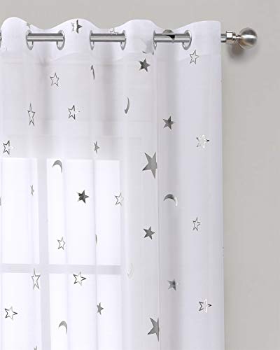 Silver Star Print Curtains White Sheer Window Drapes With Twinkle Star For Living Room 2 Panels Eyelet/Ring Top Transparent And Soft Cosmic Theme For Bedroom And Space-Loving Grown-Ups 54" W X63" L #TOP1