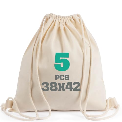 SCANDBAGS – Baumwoll Turnbeutel Unbedruckt – 5 | 10 | 25er-Pack – Zum Bemalen und bedrucken – OEKO-TEX® geprüft – Kordelzugbeutel– für Sport, Reise, Schule und Freizeit (5 Stück)