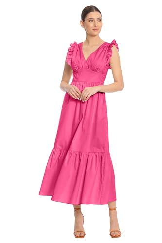 Image of Maggy London Women's V-Neck Ruffle Details Cotton Poplin Maxi Dress