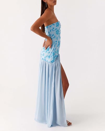 Image of Women Floral Strapless Maxi Dress Y2K Bodycon Tube Long Dresses Sexy Party Formal Cocktail Beach Slit Dress