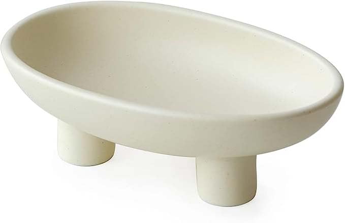 Grubbytec Three-Legs Ceramic Fruit Bowl for Kitchen Counter, Decorative Bowl for Table Décor, 10-inch Oval Large Bowls for Breads, Matte Crème