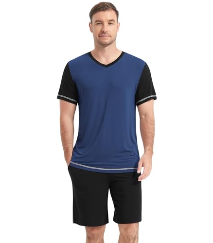 Image of NACHILA Pajamas for Men Pj Short Sleeve Sleepwear with Shorts V Neck Loungewear Cool Pajama,Viscose Made from Bamboo