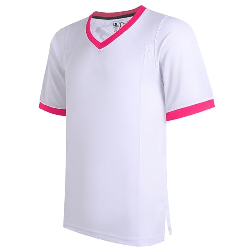 DEHANER White Men's Women's Rugby Jersey for Adult Unisex Casual T-Shirts College Team Game Tops New Year Gift Outfit Pink Neck-White Jersey,Men Size Medium