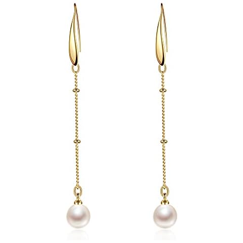 Cowlyn Pearl Earring Drop Dangle Hook Long Chain Pendant 18K Gold Hypoallergenic Tassel Earrings Valentine Jewelry for Women Girl, 2.8 inches, Metal, not known Cover