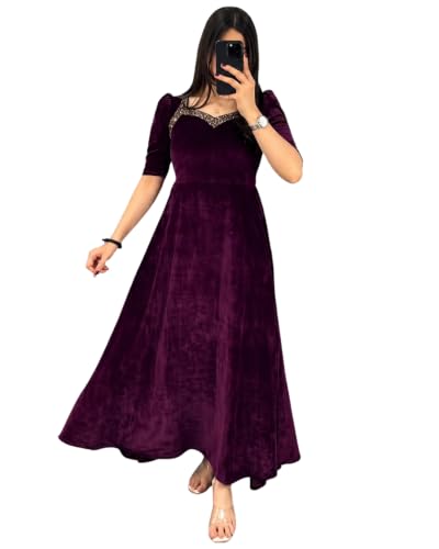 Image of Women Velvet Gown, Full Length, Puff Sleeves, Embellished Neckline, Wedding & Festive Occasion