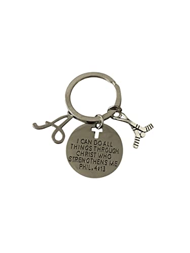 Personalized Hockey Charm Keychain, Christian Faith Charm Keychain, I Can Do All Things Through Christ Who Strengthens Me Phil. 4:13 Scripture Jewelry, Hockey Gifts For Women and Girls