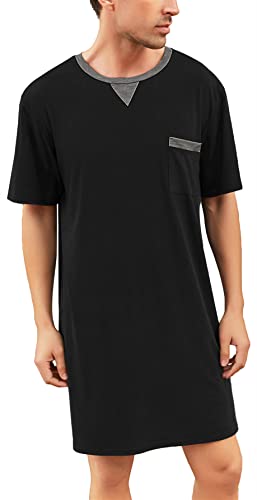 Men Summer Short Sleeve Nightshirt Knee Length Nightgown Cotton Sleep Shirt Lounge Wear with Chest Pocket